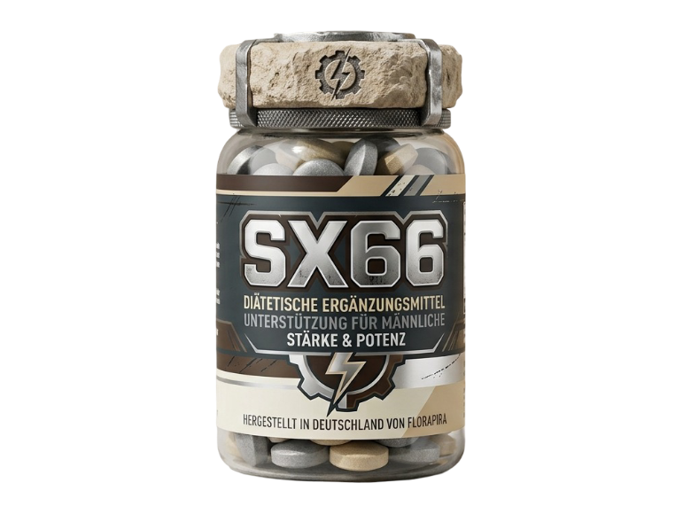 SX66 Dose mit 60 Kapseln, freigestellt vor hellem Sandhintergrund